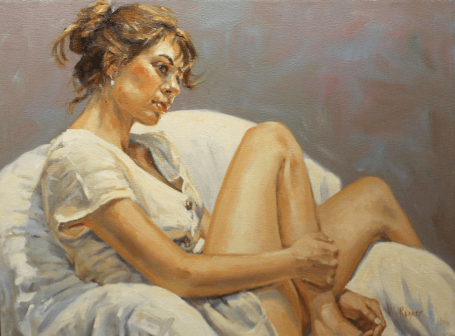 Realistic portrait of a woman seating